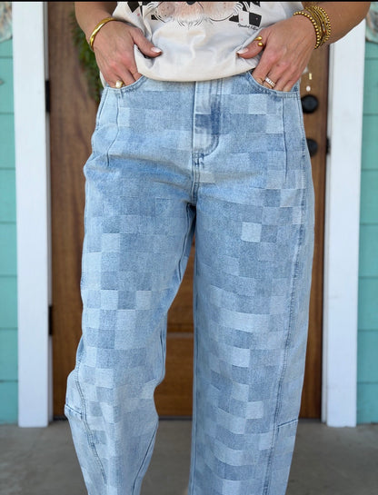 Checker Board Barrel Denim Pants