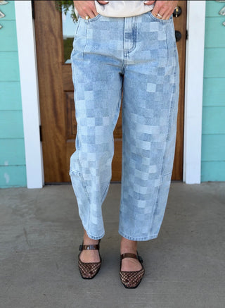 Checker Board Barrel Denim Pants