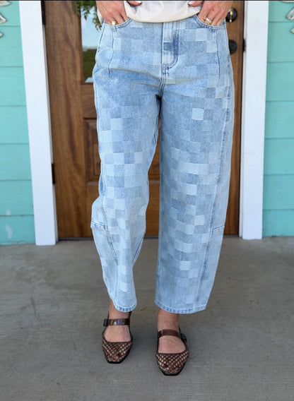 Checker Board Barrel Denim Pants
