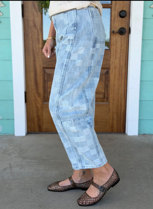 Checker Board Barrel Denim Pants