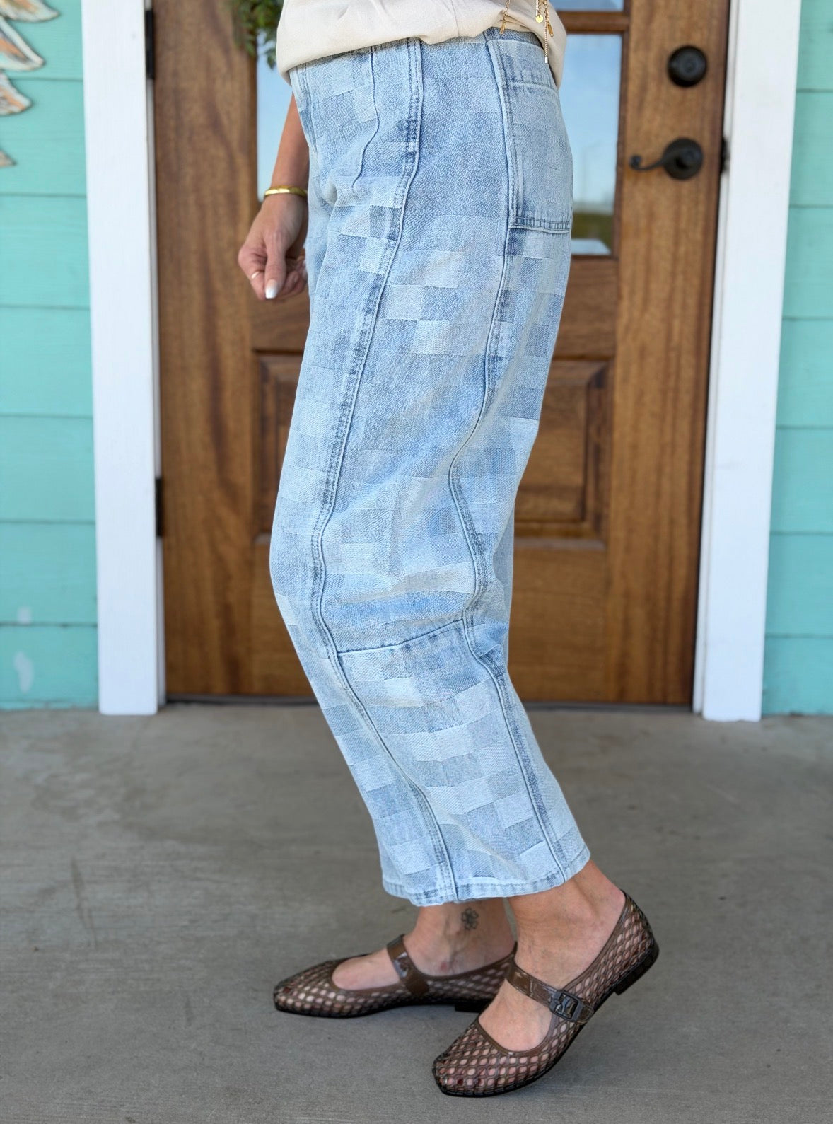 Checker Board Barrel Denim Pants