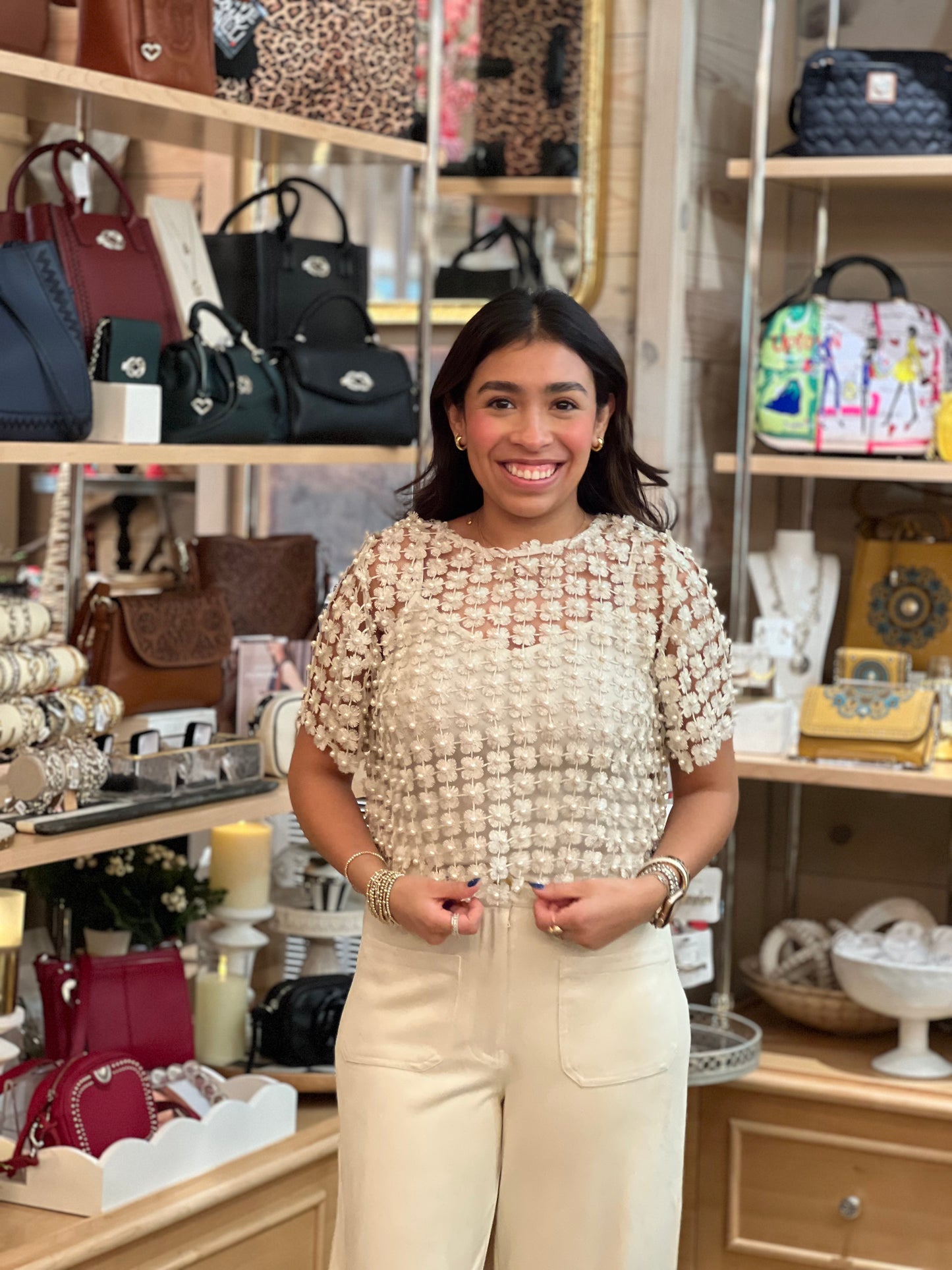 Cream Lace Pearl Beaded Top