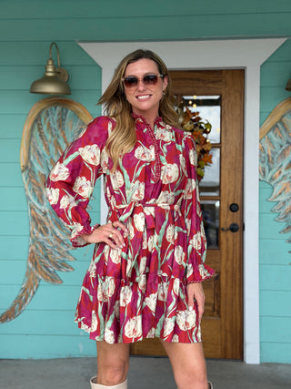 Crimson Floral Tie Waist Dress