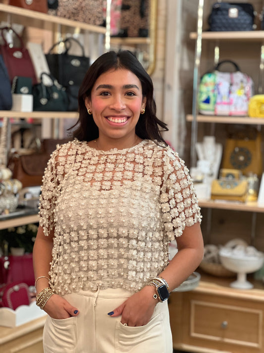 Cream Lace Pearl Beaded Top