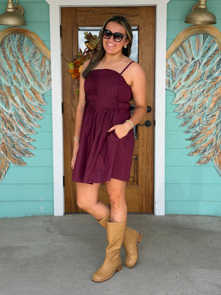 Merlot Pleated Mini Dress