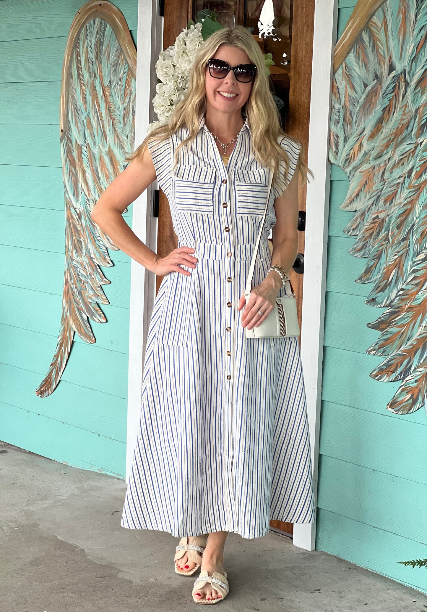 Blue Striped Top Stitch Midi Dress