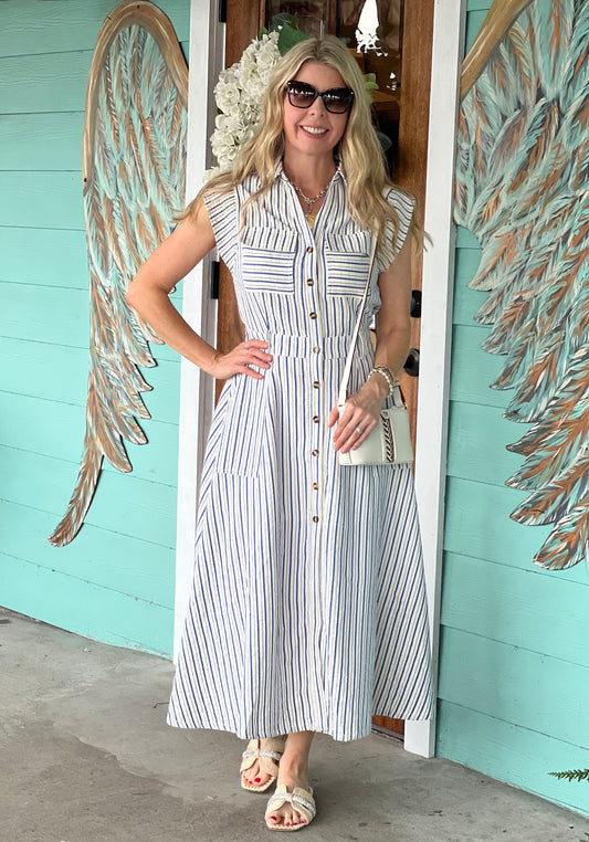 Blue Striped Top Stitch Midi Dress
