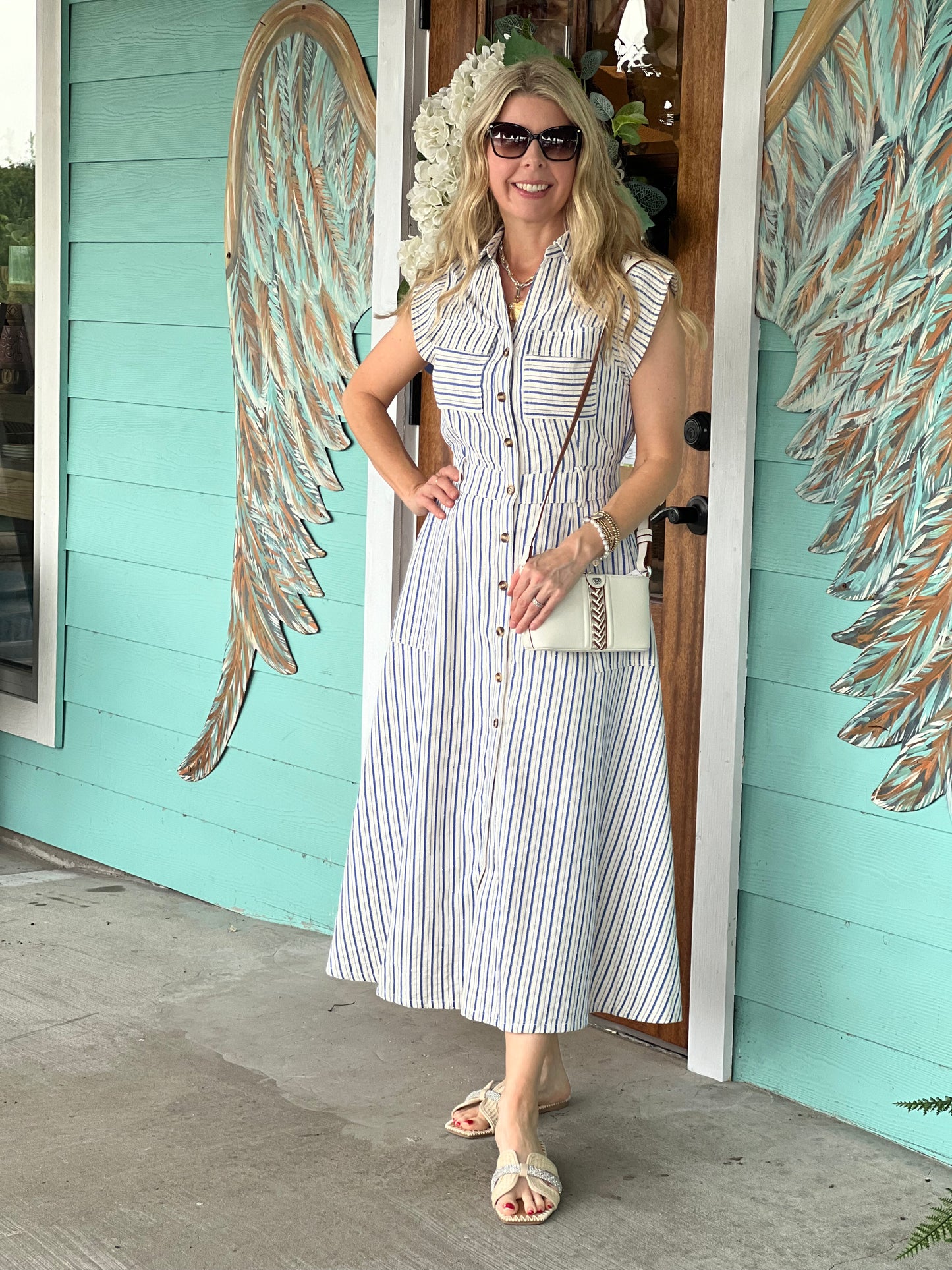 Blue Striped Top Stitch Midi Dress