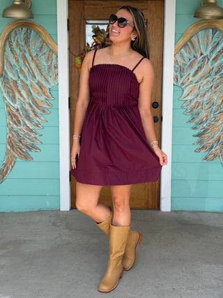 Merlot Pleated Mini Dress