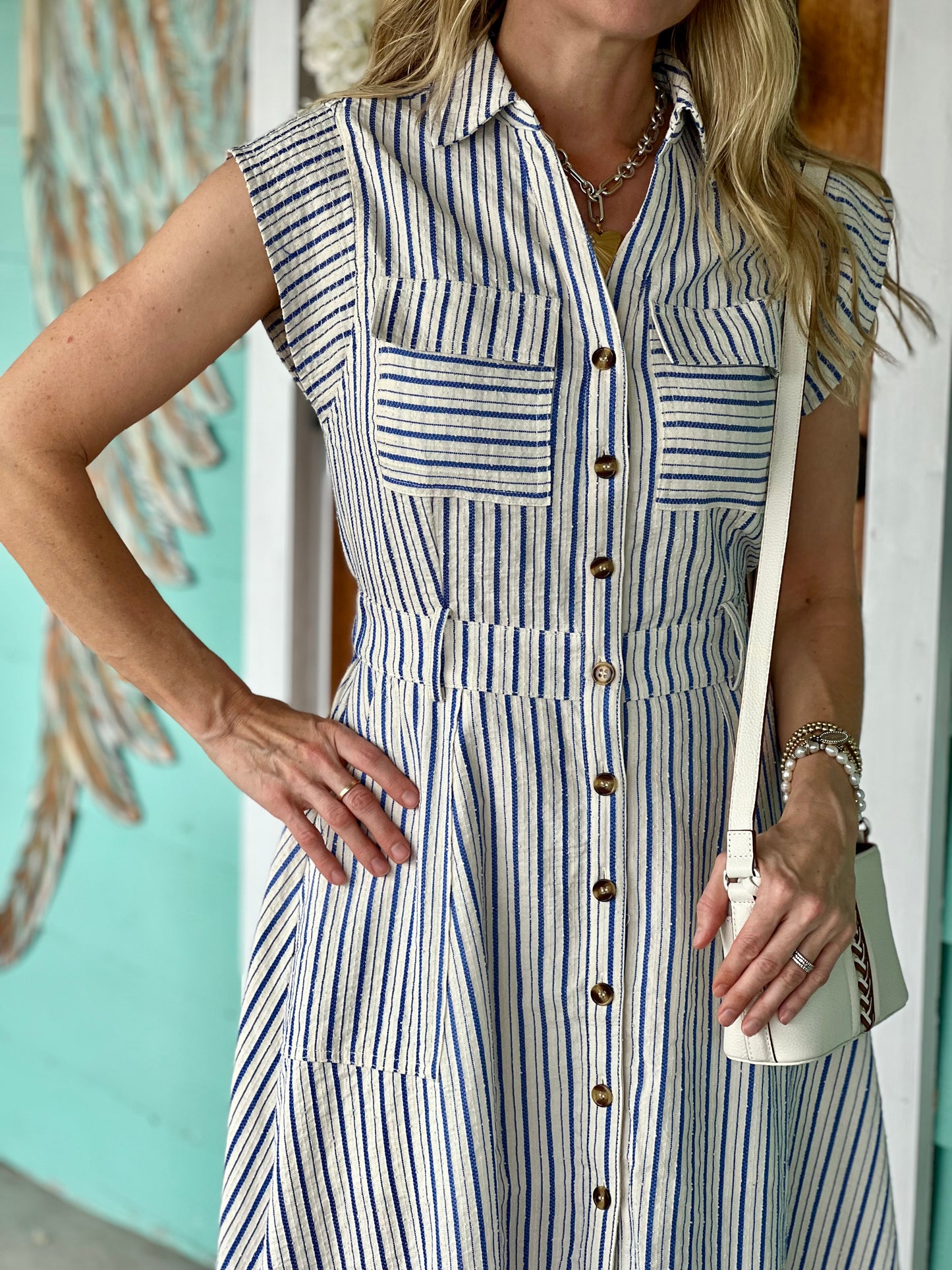 Blue Striped Top Stitch Midi Dress