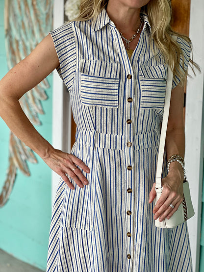 Blue Striped Top Stitch Midi Dress