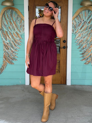 Merlot Pleated Mini Dress
