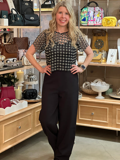 Black Lace Pearl Beaded Top