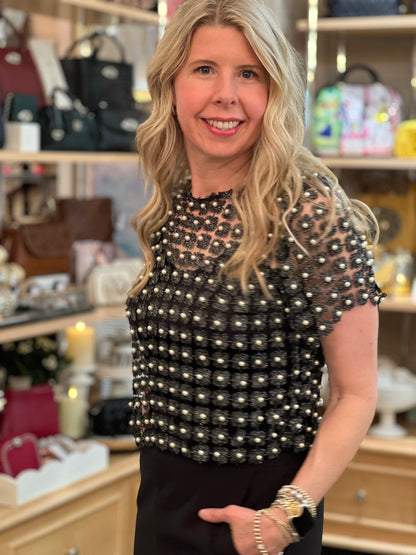 Black Lace Pearl Beaded Top