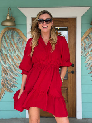 Red Textured 3/4 Sleeve Dress