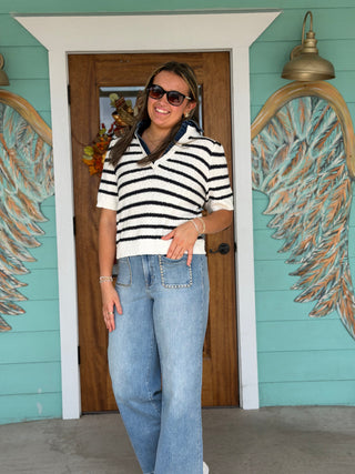Denim Collar Striped Knit Puff Sleeve Polo