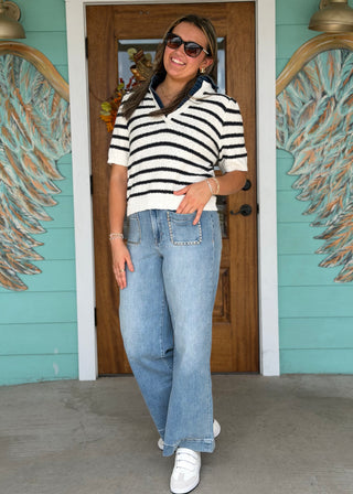 Denim Collar Striped Knit Puff Sleeve Polo