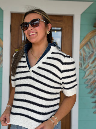Denim Collar Striped Knit Puff Sleeve Polo