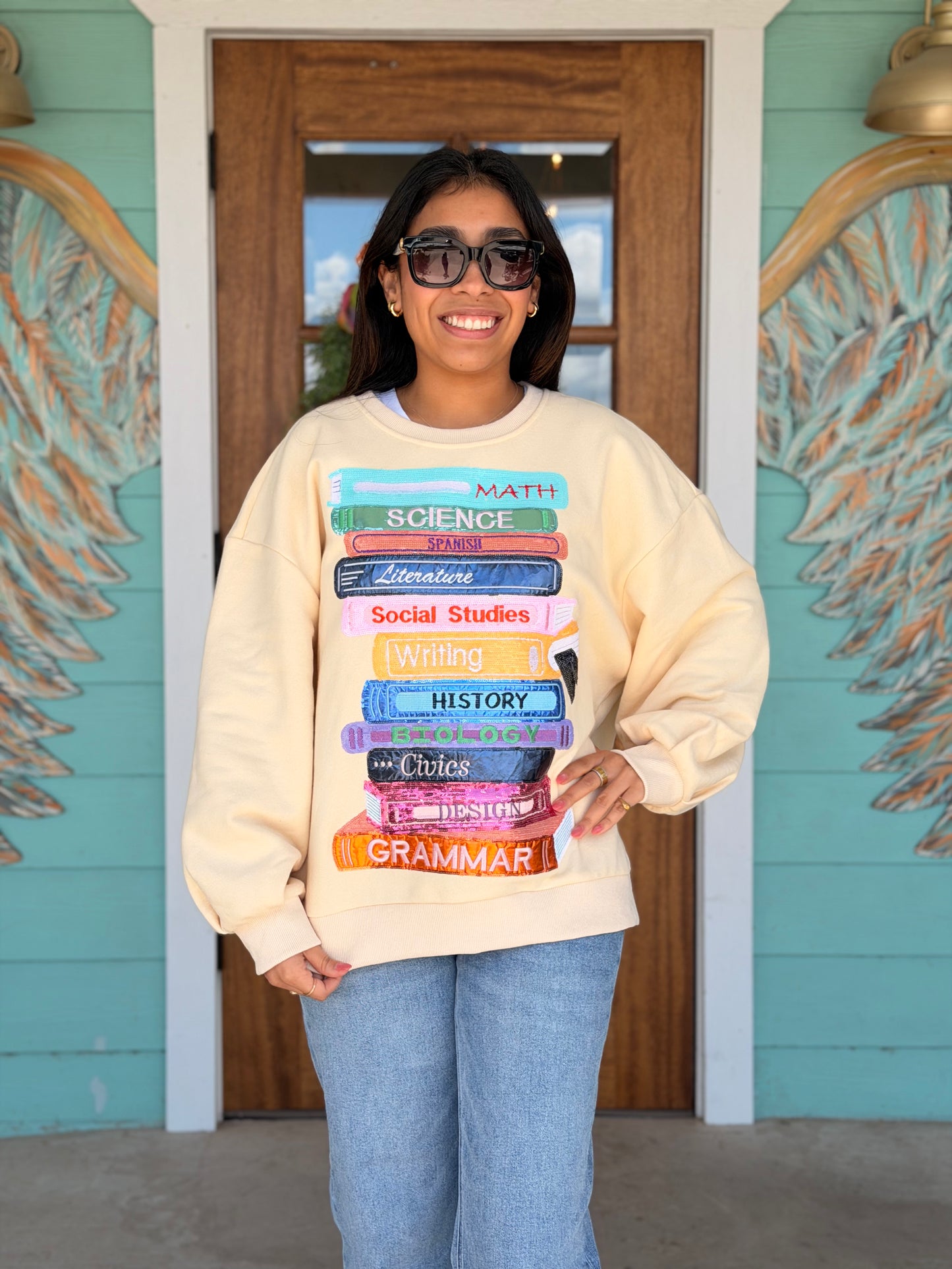 Queen of Sparkles Beige School Books Sweatshirt