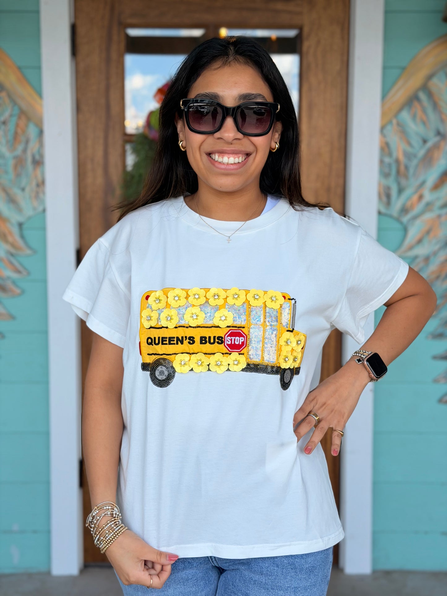Queen of Sparkles Sequin Flower School Bus Tee