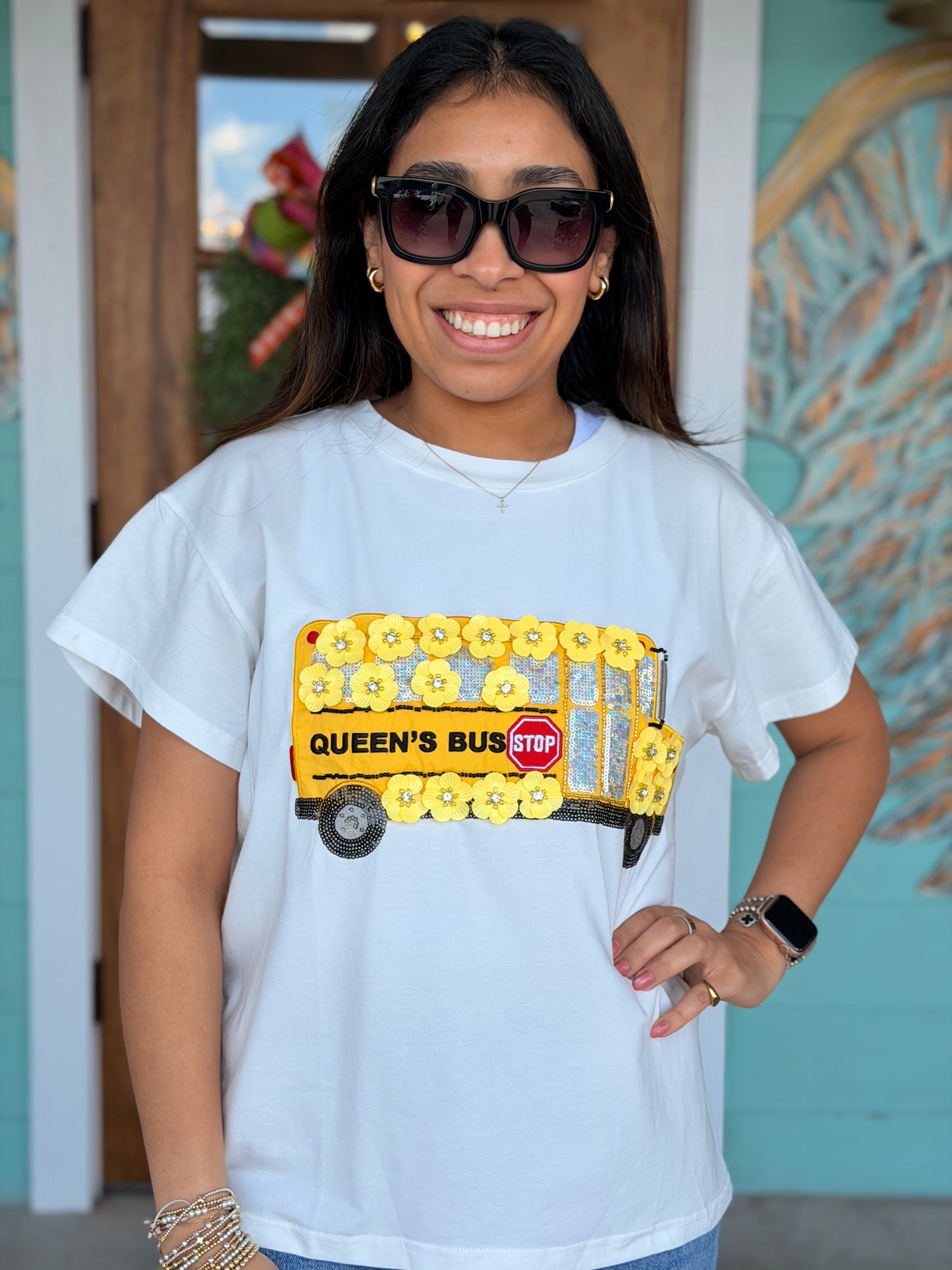 Queen of Sparkles Sequin Flower School Bus Tee