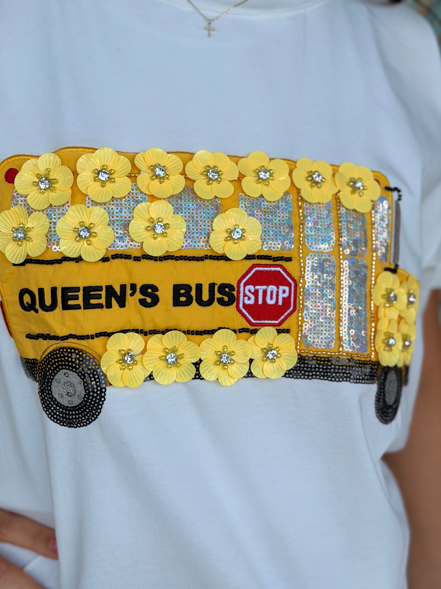 Queen of Sparkles Sequin Flower School Bus Tee