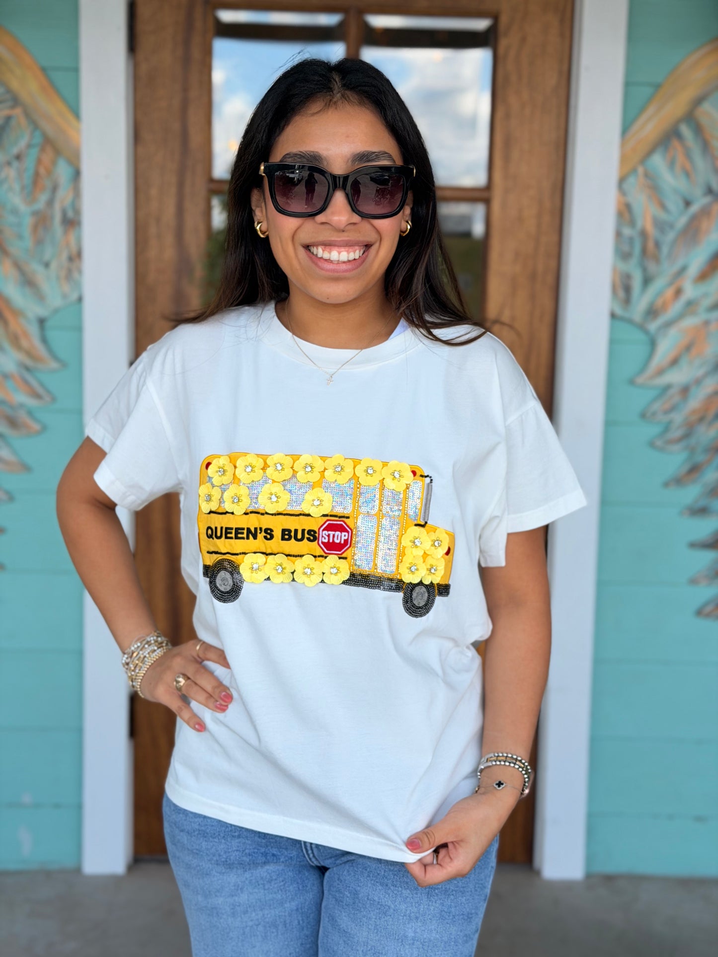 Queen of Sparkles Sequin Flower School Bus Tee