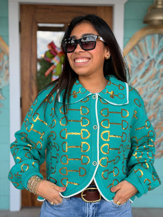Queen of Sparkles Mint & Gold Horse Bit Collar Sweater