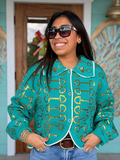 Queen of Sparkles Mint & Gold Horse Bit Collar Sweater