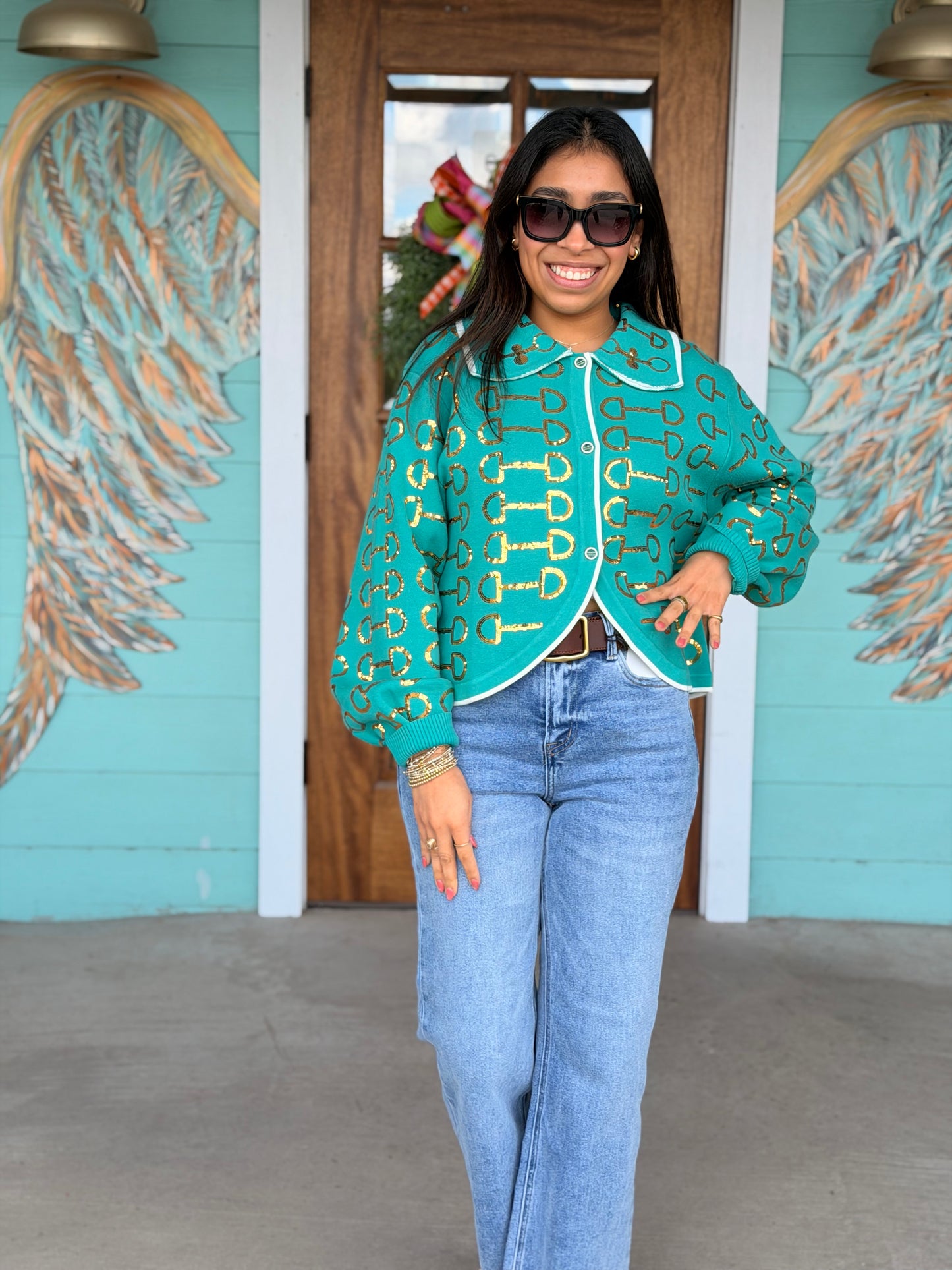 Queen of Sparkles Mint & Gold Horse Bit Collar Sweater