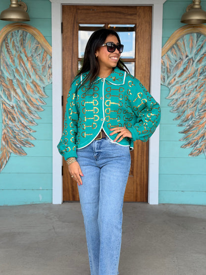 Queen of Sparkles Mint & Gold Horse Bit Collar Sweater