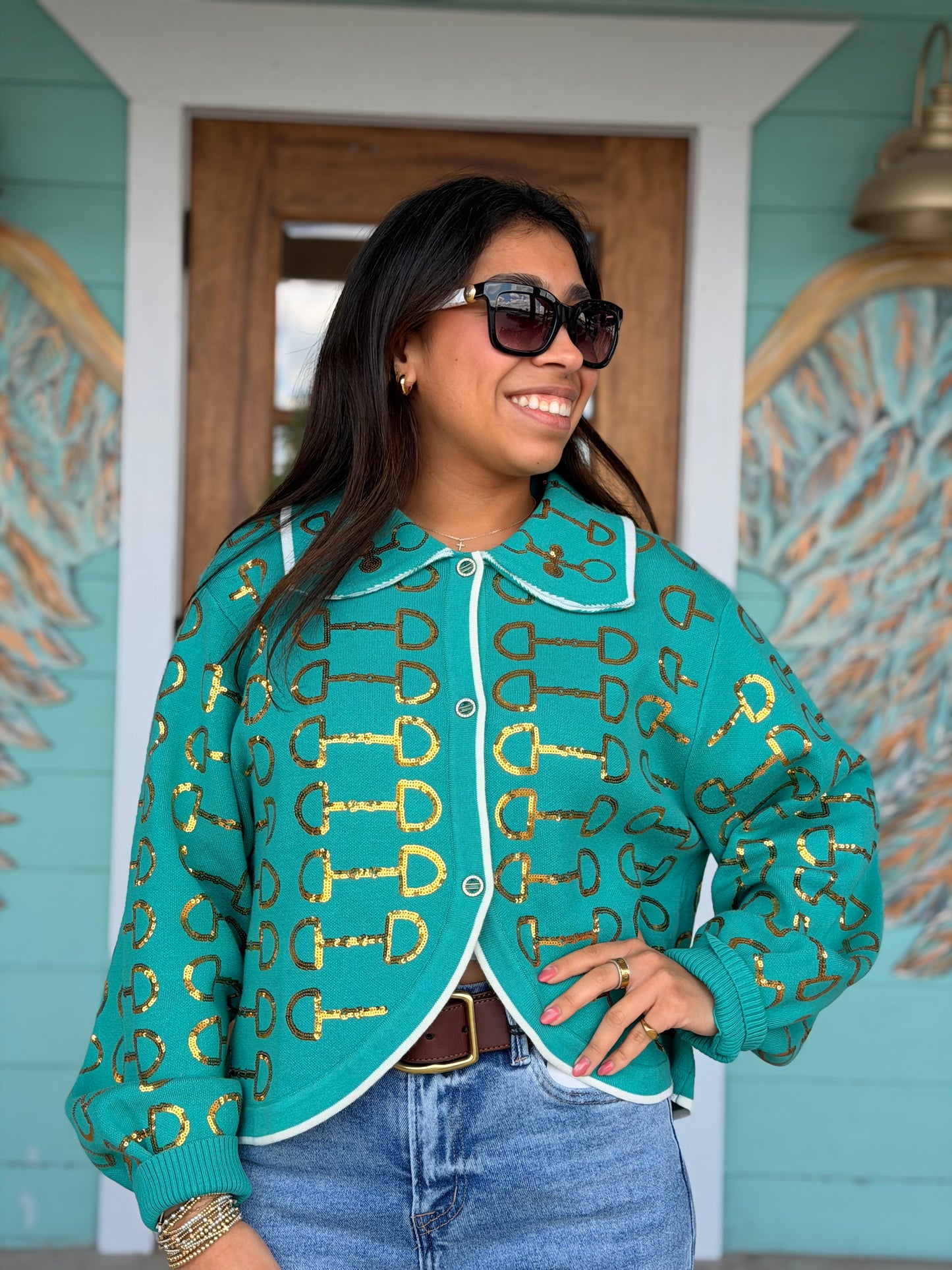 Queen of Sparkles Mint & Gold Horse Bit Collar Sweater