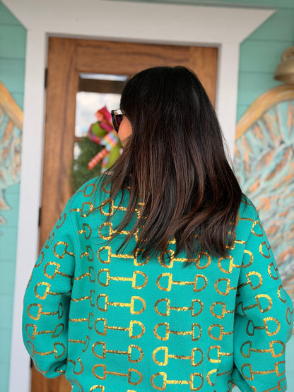 Queen of Sparkles Mint & Gold Horse Bit Collar Sweater