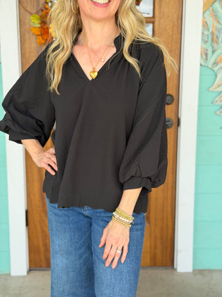 Black Textured Scallop Hem Top