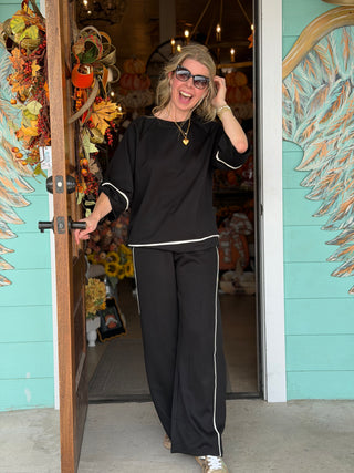 Black w/White Contrast Piping Pants