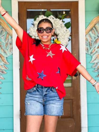 Red Sequin Multi Star Tee