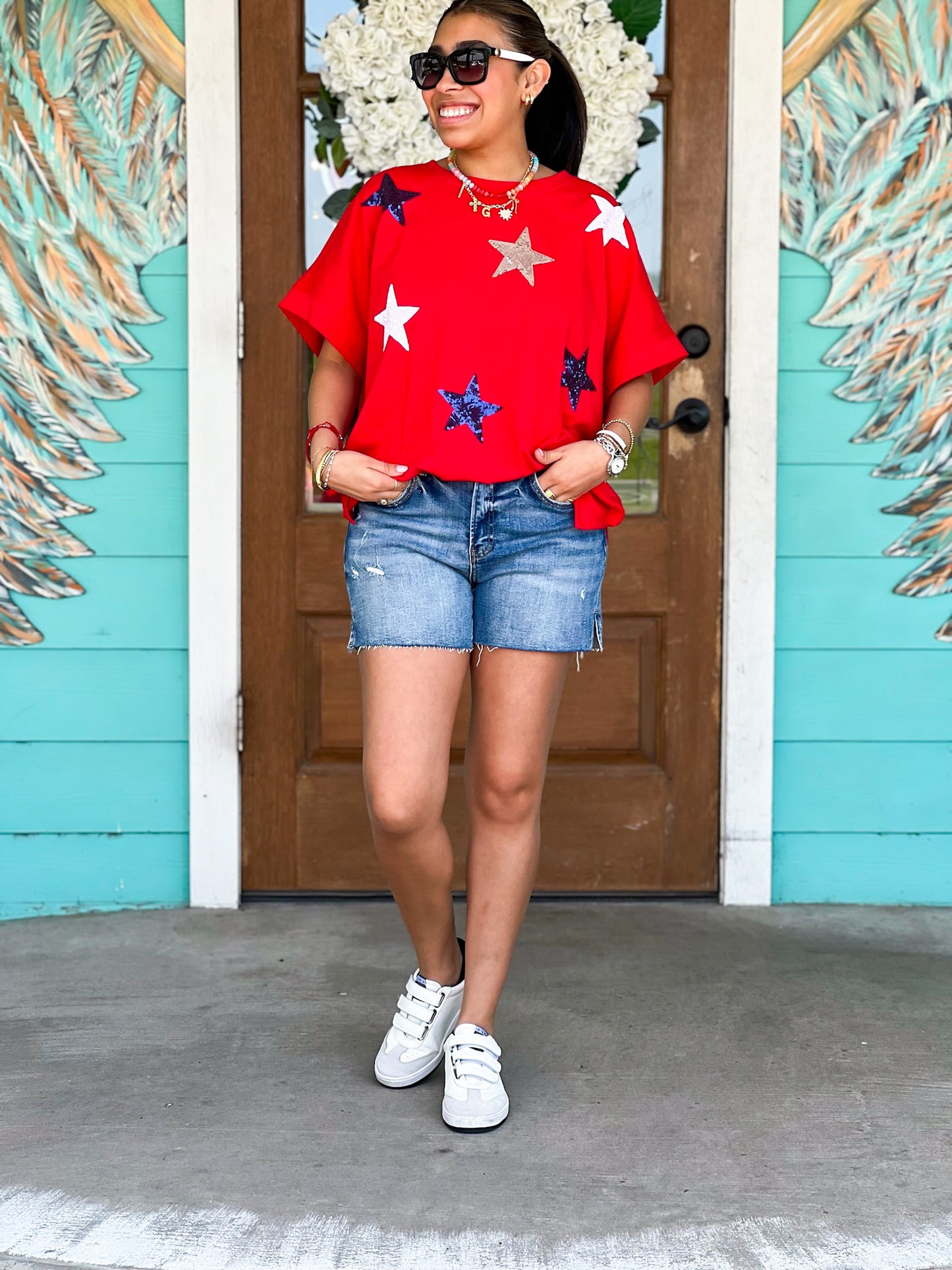 Red Sequin Multi Star Tee