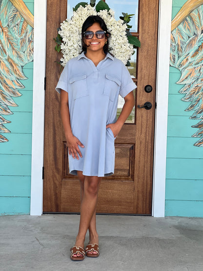Dusty Blue Knit Collar Dress