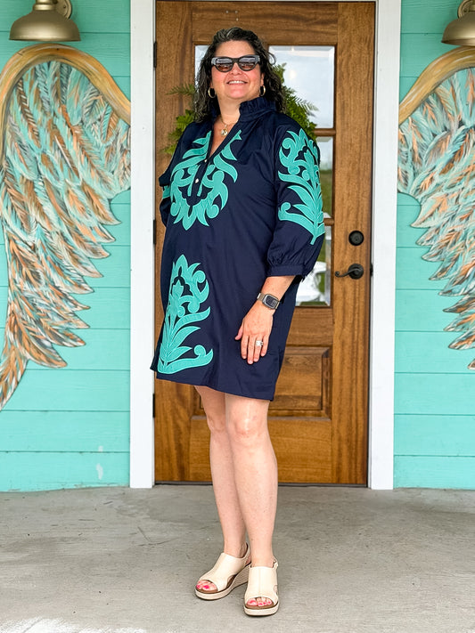 Navy Aqua Baroque Embroidered Detail Dress
