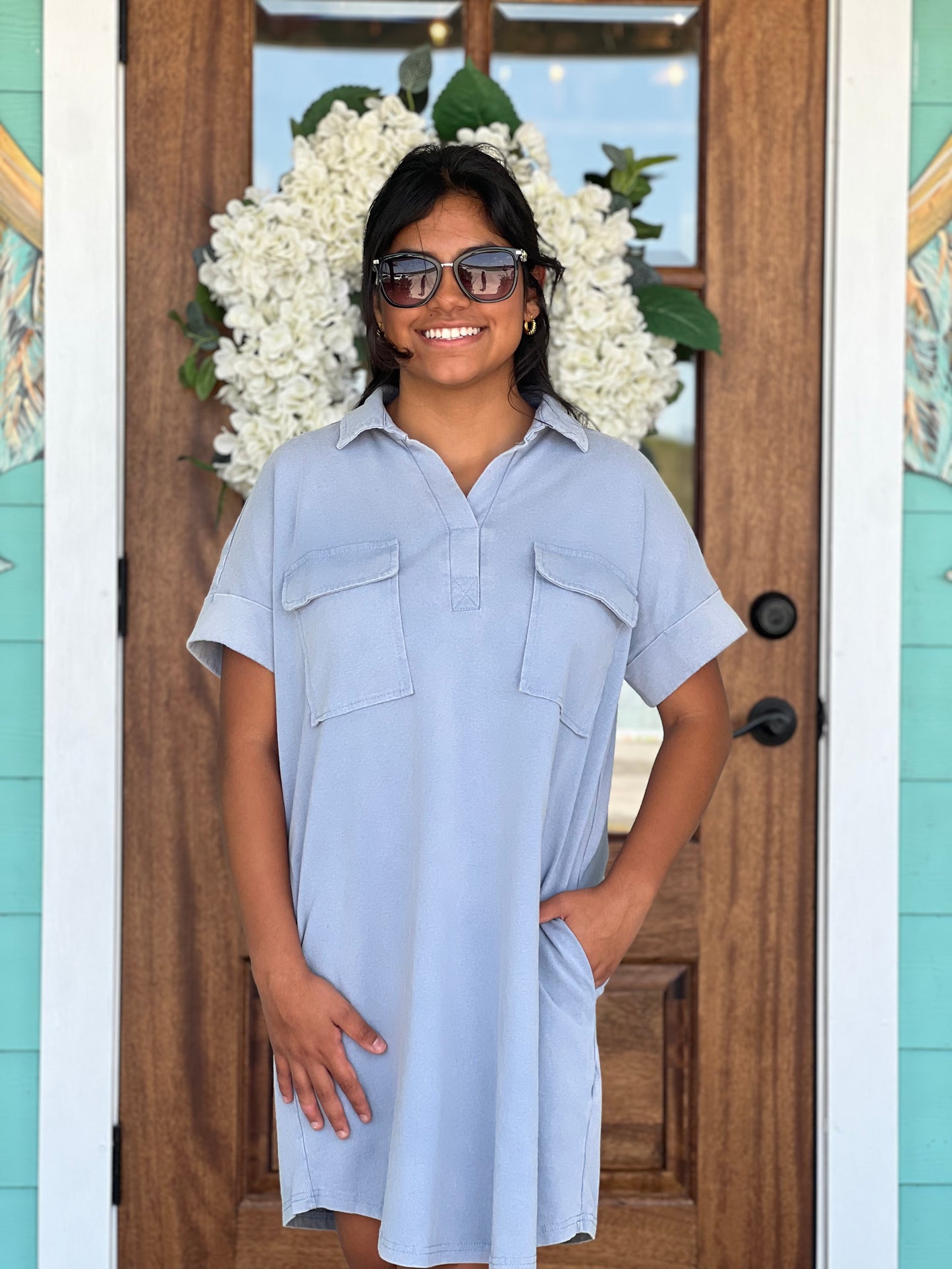 Dusty Blue Knit Collar Dress