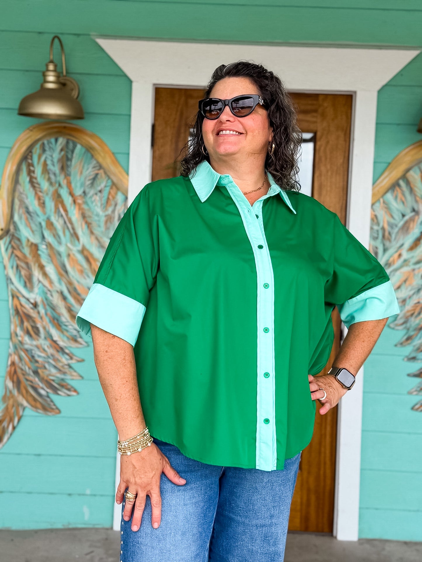 Green Contrast Evangeline Top