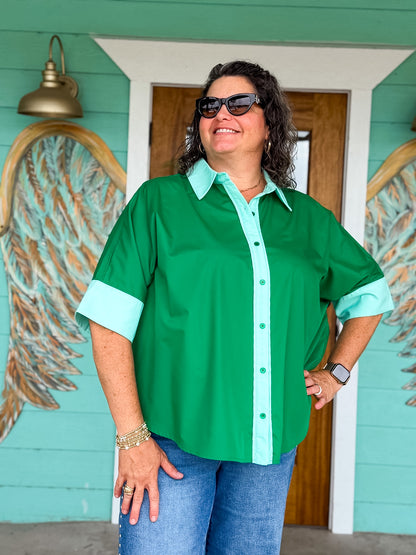 Green Contrast Evangeline Top