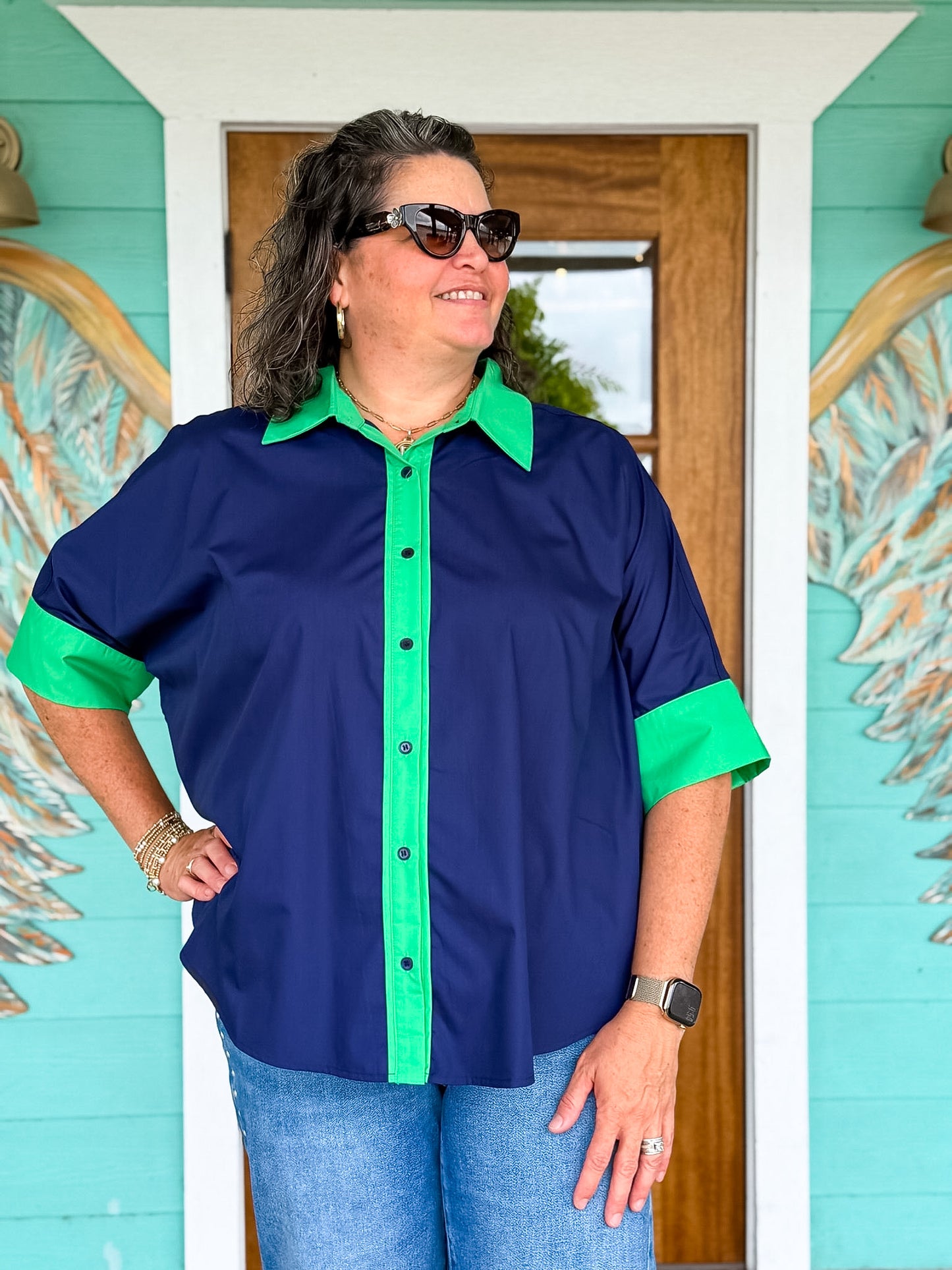 Navy & Green Contrast Evangeline Top