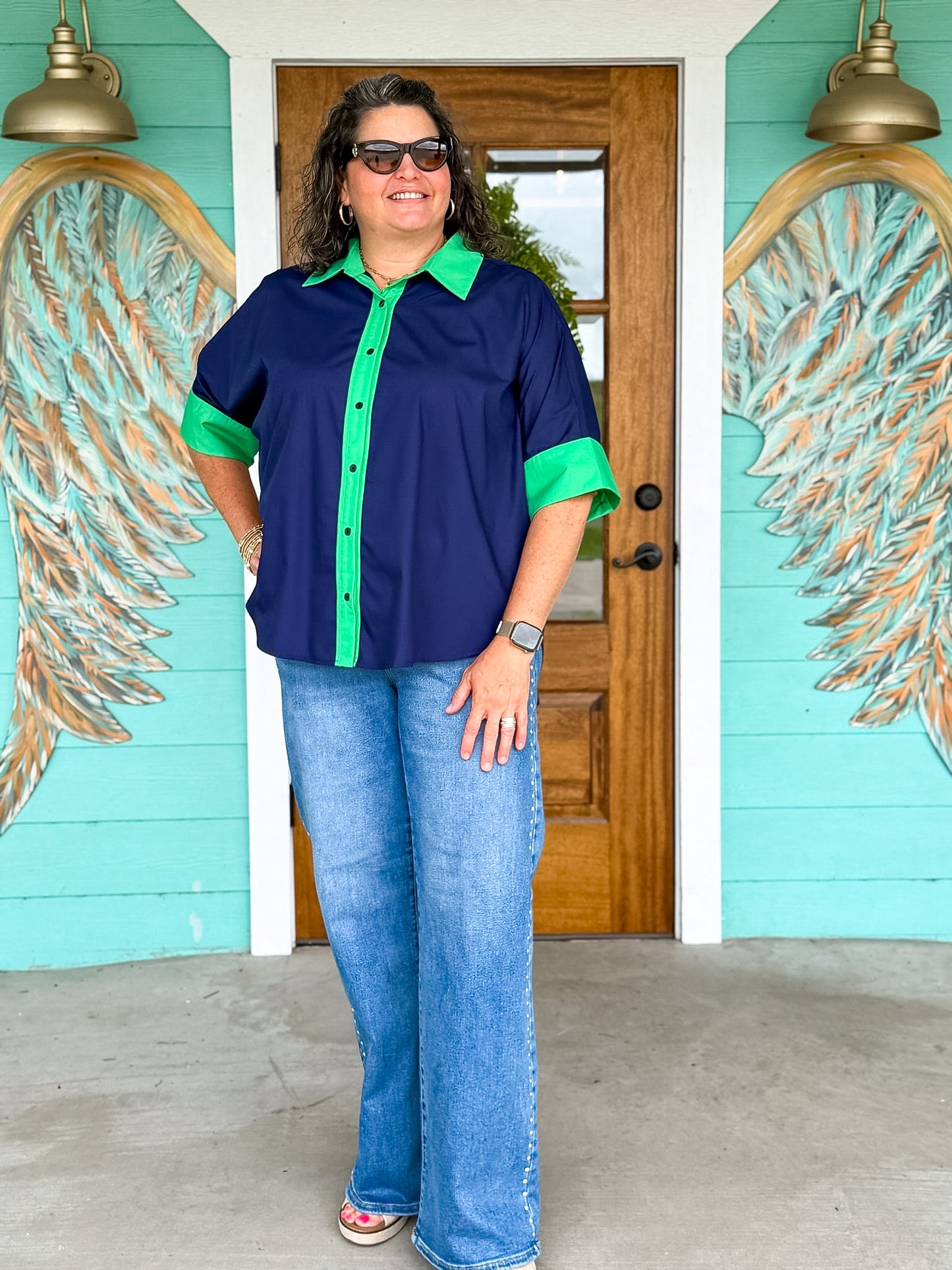 Navy & Green Contrast Evangeline Top