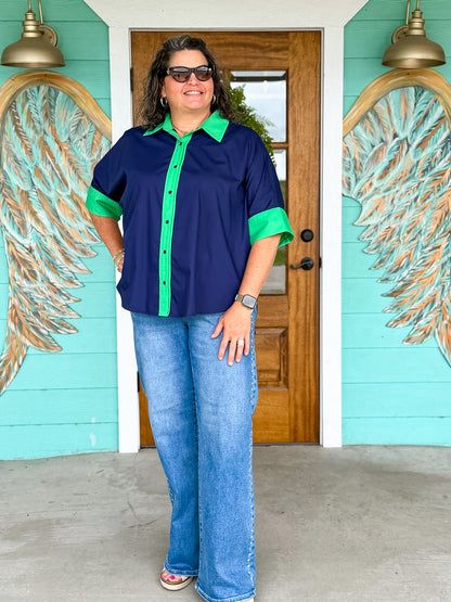Navy & Green Contrast Evangeline Top