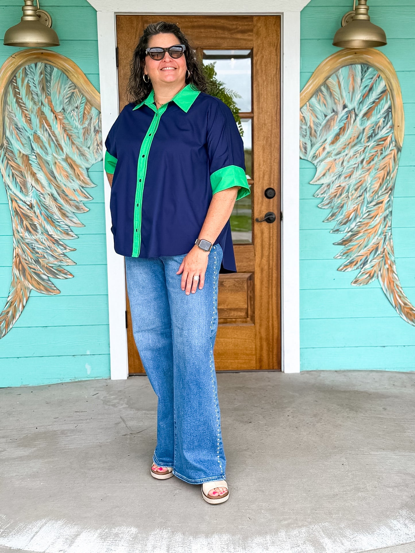 Navy & Green Contrast Evangeline Top