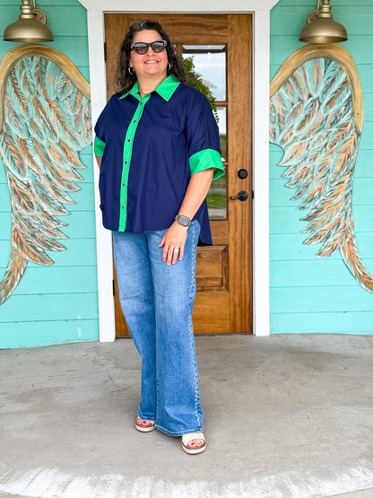 Navy & Green Contrast Evangeline Top