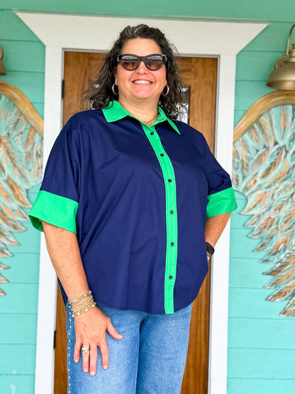 Navy & Green Contrast Evangeline Top