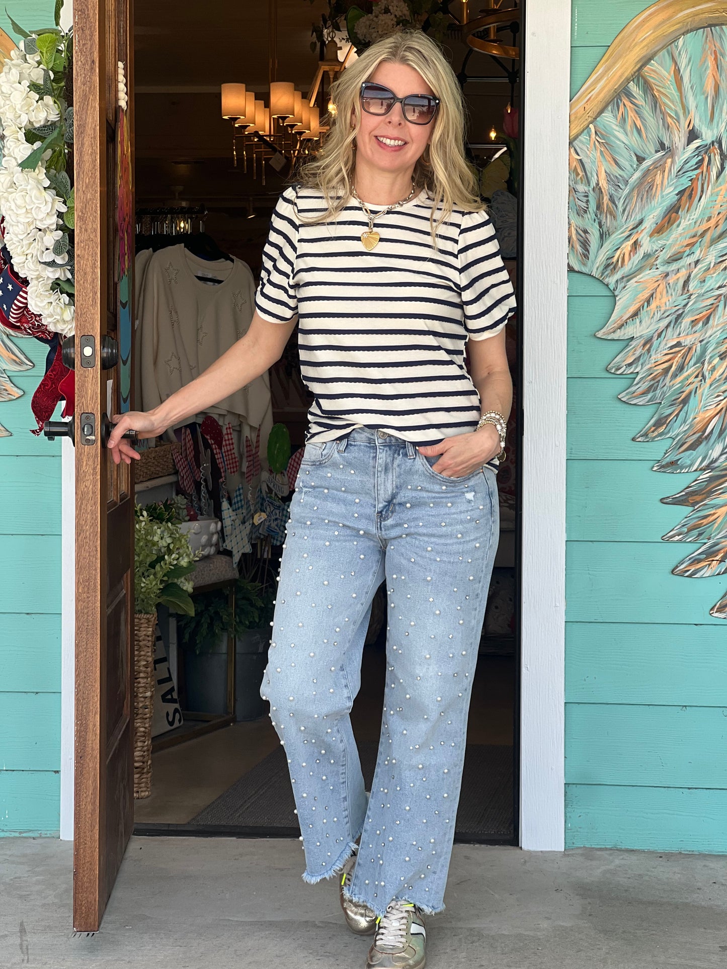 Navy Scallop Striped Top