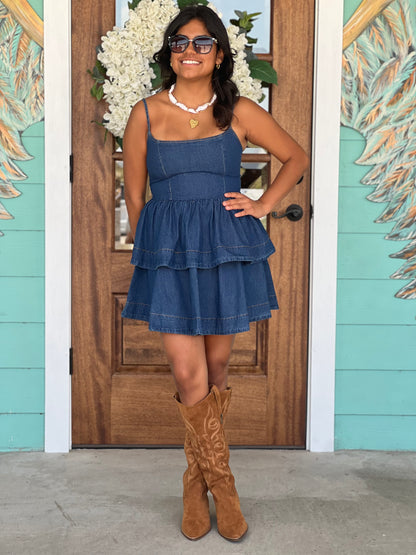 Denim Mini Tier Ruffle Dress